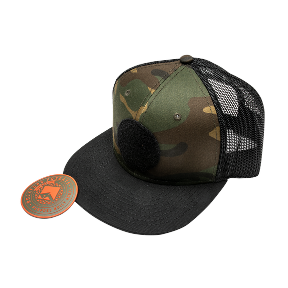 Three Quarter Beauty Shot of Camo Rockford Fosgate Snapback Hat with RF Rubber Patch Removed