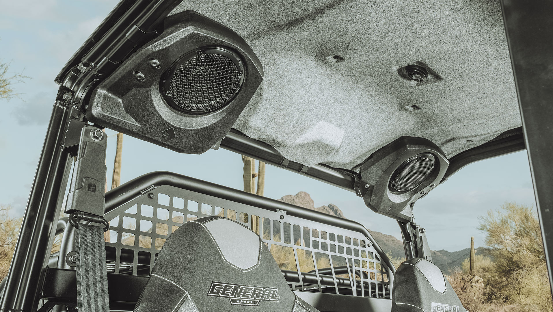 Polaris General Trail Head Installation View of Rockford Fosgate Rear Overhead Speaker Pods