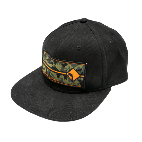 Back Side View of Black Rockford Fosgate Hat with Camo RF Graphic