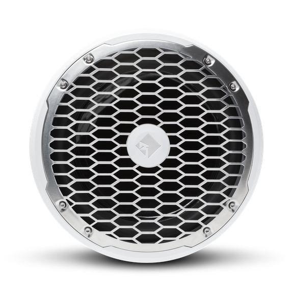 Front View of Subwoofer with White Trim Ring and Stainless Steel Grille