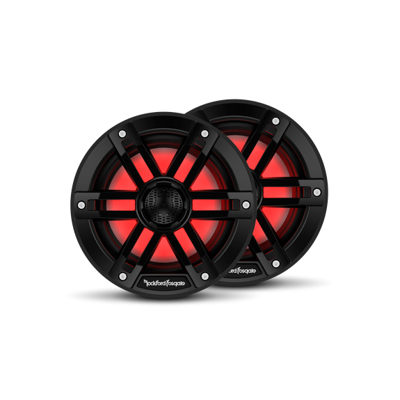 Front View of Speakers with Black Grilles